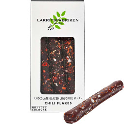 Lakritzstangen in 62% dunkler Schokolade mit Chili und Salzflocken